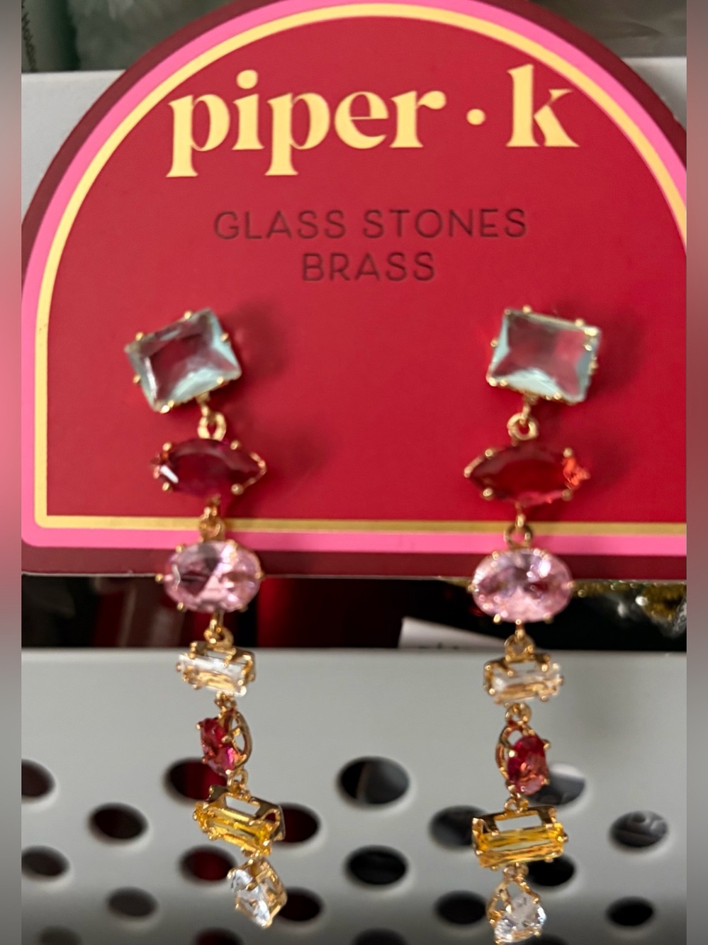 Piper K Gold-Tone Drop Earrings with Red, Pink, Blue and Yellow Stones